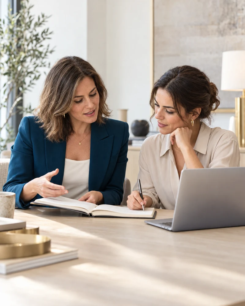 Dos profesionales revisan un cuaderno de trabajo y sus materiales de formación junto a una computadora.