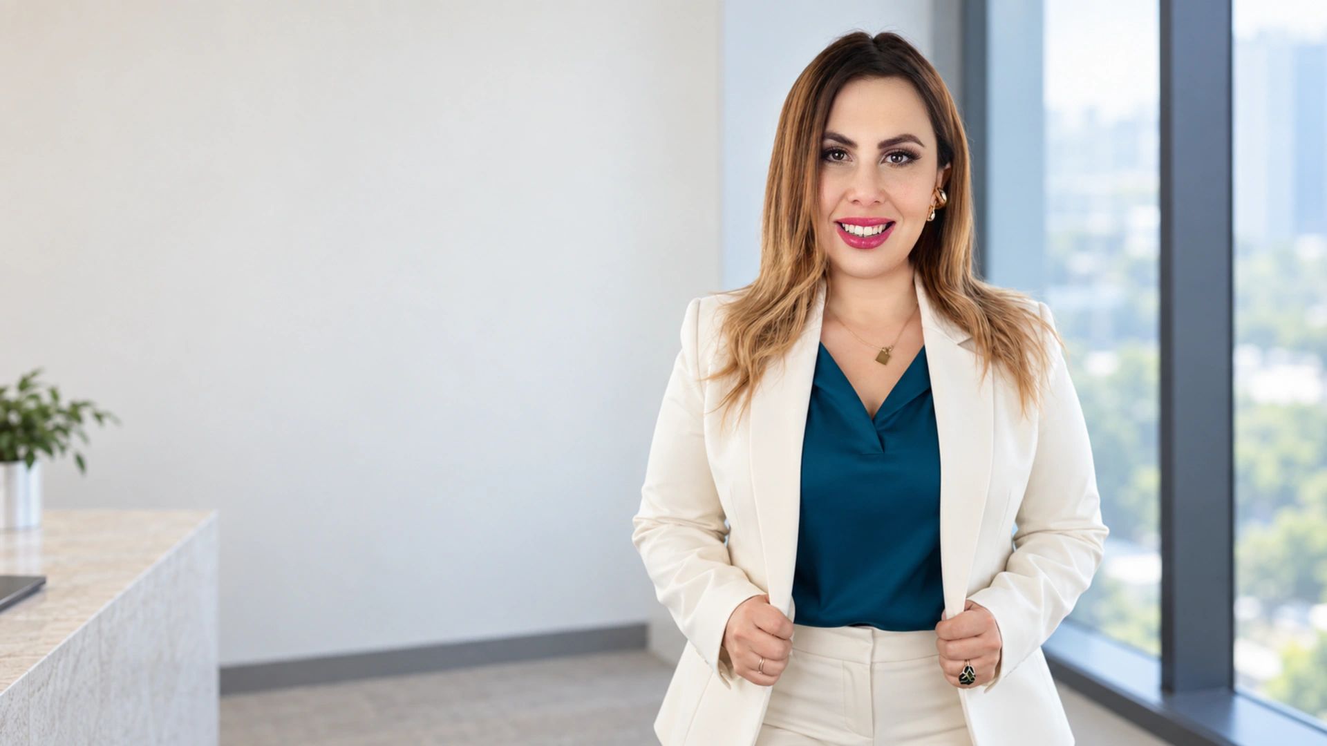 Karla Serrato Beckmann, fundadora de Corporativa-Mente, en un ascensor ejecutivo de tonos cálidos.