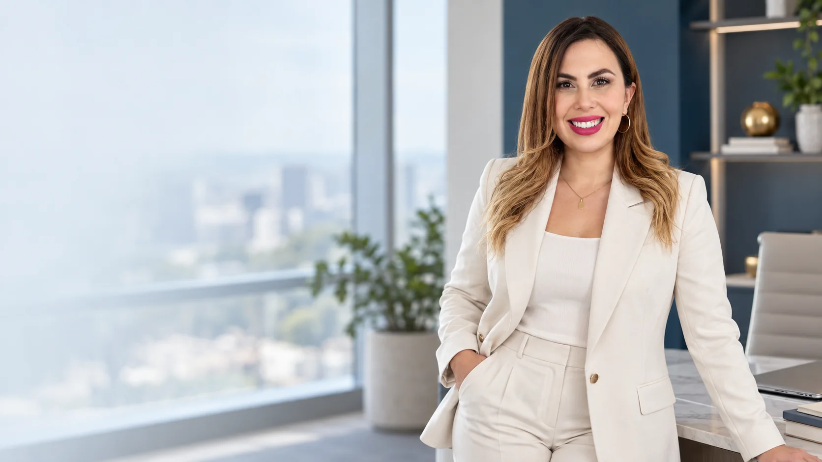 Karla Serrato Beckmann en una oficina corporativa luminosa.